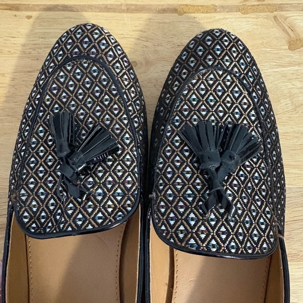 J. Crew Jacquard Tassel Loafers Black Gold Geometric Pattern Size 9 Old Money - Picture 7 of 12